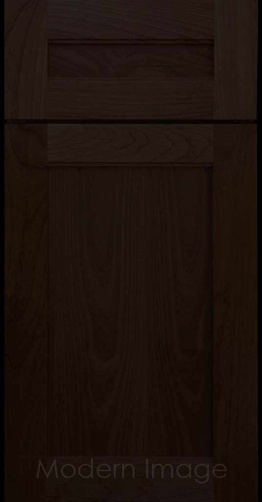 Destin shaker cabinet in Chocolate Stain featuring ledge detail and vertical joints around a recessed center panel.